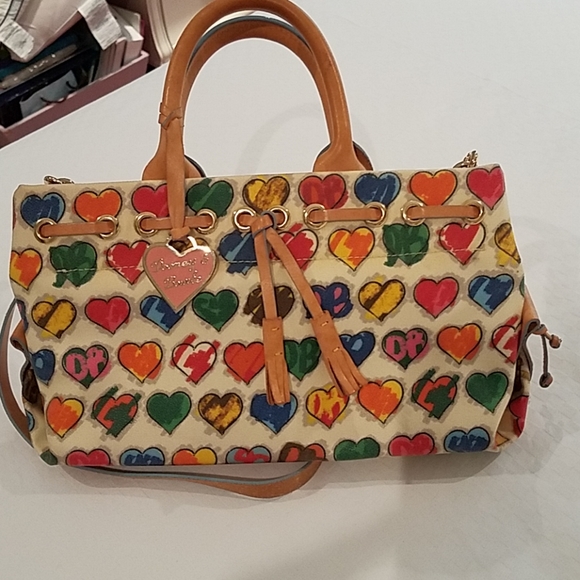Dooney & Bourke Handbags - Dooney & Bourke Multicolor Heart Print Satchel with Tan Trim